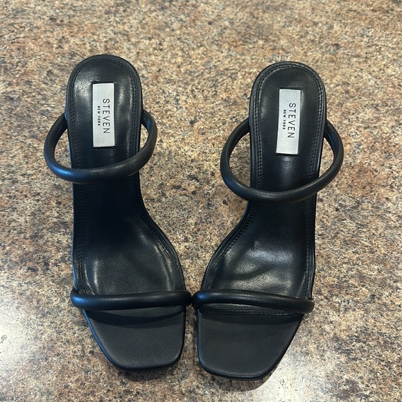 Steven New York Jacee Sandals Size 8.5 Black Block Heels Square Toe Slip On - Picture 3 of 10